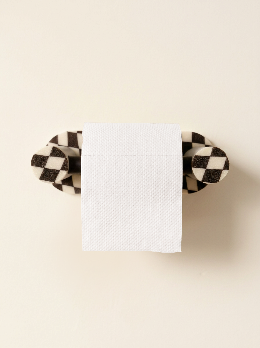 Checkerboard special-edition Roto toilet paper holder mounted on a cream wall with a roll, shown from the front.